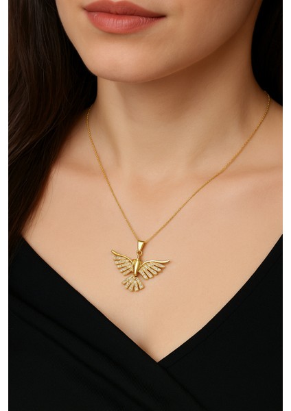 Zirkon Anka Kuşu Çelik Kolye Kararmaz Gold Zirkon Taşlı Çelik Kolye