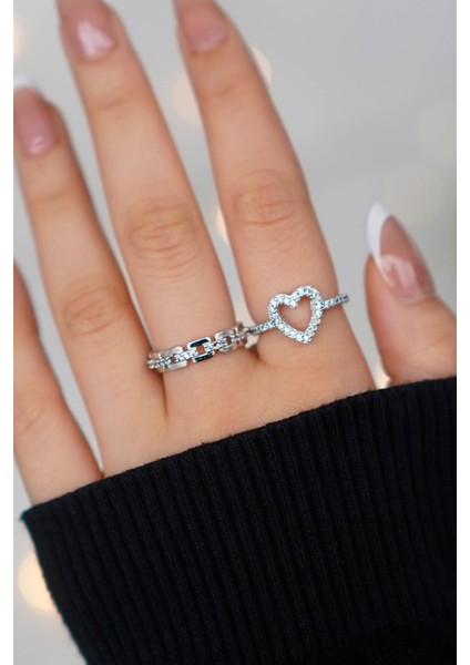 2'li Zirkon Taşlı Ince Zincir ve Kalp Model Gümüş Ayarlanabilir Kadın Yüzük Set (2 Yüzük)