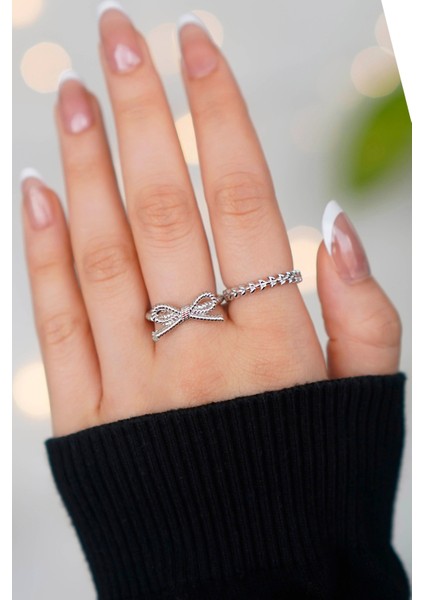 2'li Fiyonk ve Sezar Model Gümüş Ayarlanabilir Kadın Yüzük Set (2 Yüzük)