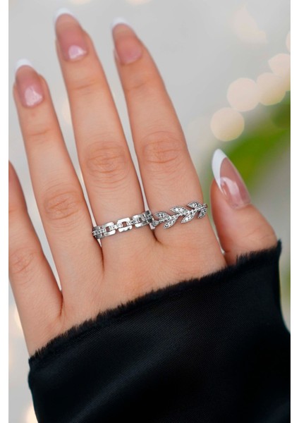 2'li Zirkon Taşlı Zincir ve Yaprak Model Gümüş Ayarlanabilir Kadın Yüzük Set (2 Yüzük)