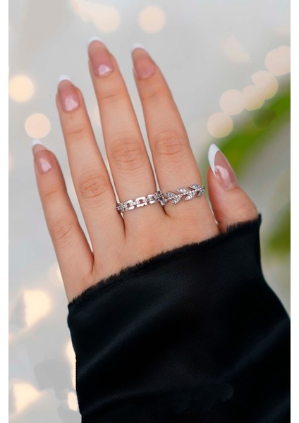 2'li Zirkon Taşlı Zincir ve Yaprak Model Gümüş Ayarlanabilir Kadın Yüzük Set (2 Yüzük) fiyatları