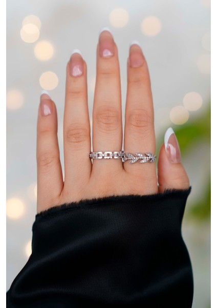 2'li Zirkon Taşlı Zincir ve Yaprak Model Gümüş Ayarlanabilir Kadın Yüzük Set (2 Yüzük) modelleri