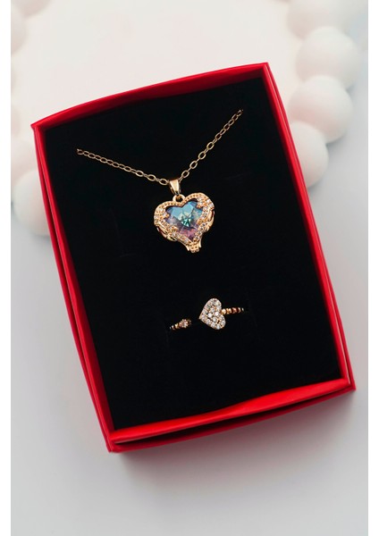 Kalp Vintage Model Işıltılı Mor Mavi Zirkon Taşlı Çelik Kolye ve Kalp Gold Zirkon Yüzük