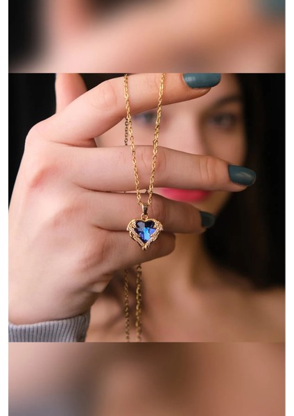 Kalp Vintage Model Işıltılı Mor Mavi Zirkon Taşlı Çelik Kolye ve Kalp Gold Zirkon Yüzük fiyatları