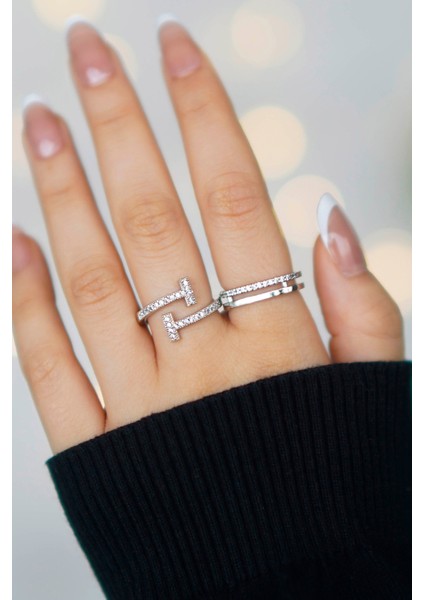 2'li Zirkon Taşlı Su Yolu ve T Model Gümüş Ayarlanabilir Kadın Yüzük Set (2 Yüzük)