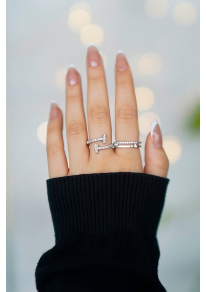 2'li Zirkon Taşlı Su Yolu ve T Model Gümüş Ayarlanabilir Kadın Yüzük Set (2 Yüzük) fiyatları