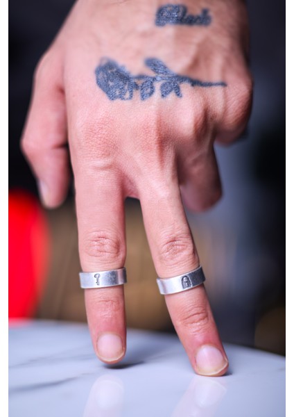 Anahtar ve Kilit Çift Alyans 2'li Set Gümüş Kaplama Ayarlanabilir Yüzük