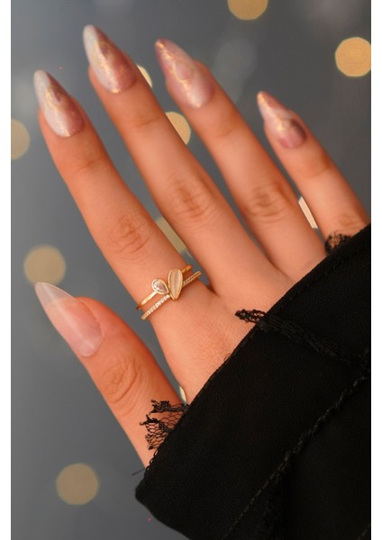 Zirkon Taşlı Kalp Altın Kaplama Ayarlanabilir Vip Yüzük