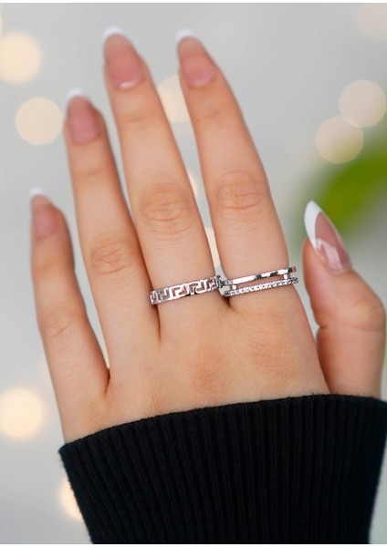 2'li Zirkon Taşlı Su Yolu Ikili ve Labirent Model Gümüş Ayarlanabilir Kadın Yüzük Set (2 Yüzük)