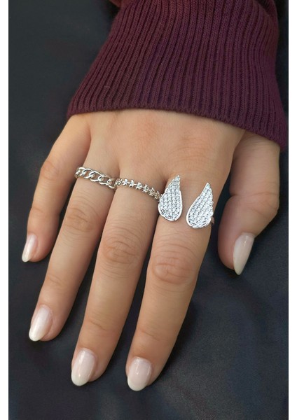3'lü Gümüş Yüzük Zirkon Taşlı Kanat Sezar ve Zincir Model Gümüş Yüzük Set