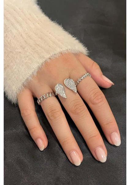 3'lü Gümüş Yüzük Zirkon Taşlı Kanat Sezar ve Zincir Model Gümüş Yüzük Set fiyatları