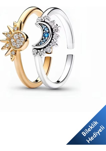 Gökyüzü Mavisi Işıltılı Güneş ve Hilal Ay Ayarlanabilir Çift Arkadaşlık Sevgili Yüzük