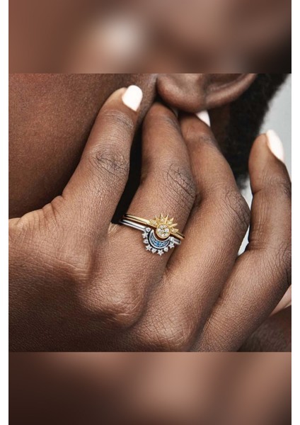 Gökyüzü Mavisi Işıltılı Güneş ve Hilal Ay Ayarlanabilir Çift Arkadaşlık Sevgili Yüzük fiyatları