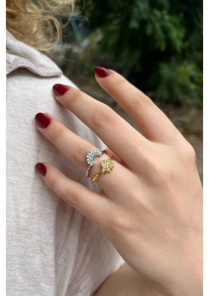 Gökyüzü Mavisi Işıltılı Güneş ve Hilal Ay Ayarlanabilir Çift Arkadaşlık Sevgili Yüzük modelleri