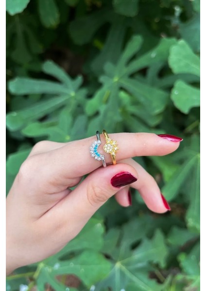 Gökyüzü Mavisi Işıltılı Güneş ve Hilal Ay Ayarlanabilir Çift Arkadaşlık Sevgili Yüzük indirimleri