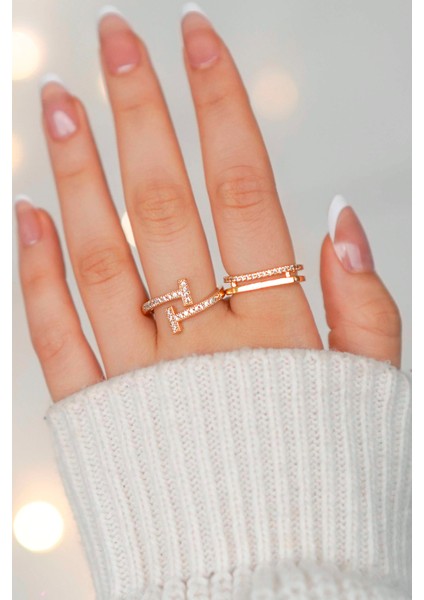 2'li Zirkon Taşlı Su Yolu ve T Model Gold Ayarlanabilir Kadın Yüzük Set (2 Yüzük)