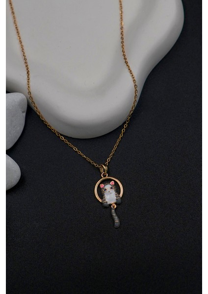 Kuyruğu Sallanan Kedi Kolye Kararmaz Altın Kaplama Kadın Çelik Kolye