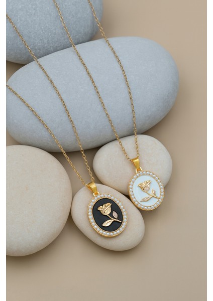 2'li Pearl Rose Inci Detaylı Gül Beyaz ve Siyah Mineli Kolye Kadın Kararmaz Gold Taşlı Çelik Kolye