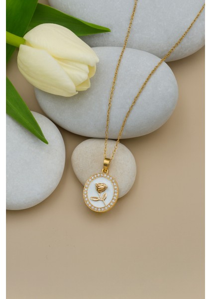 2'li Pearl Rose Inci Detaylı Gül Beyaz ve Siyah Mineli Kolye Kadın Kararmaz Gold Taşlı Çelik Kolye fiyatları