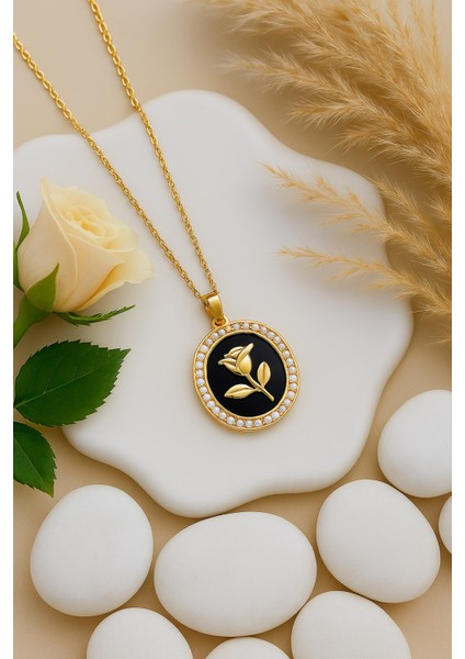 2'li Pearl Rose Inci Detaylı Gül Beyaz ve Siyah Mineli Kolye Kadın Kararmaz Gold Taşlı Çelik Kolye modelleri