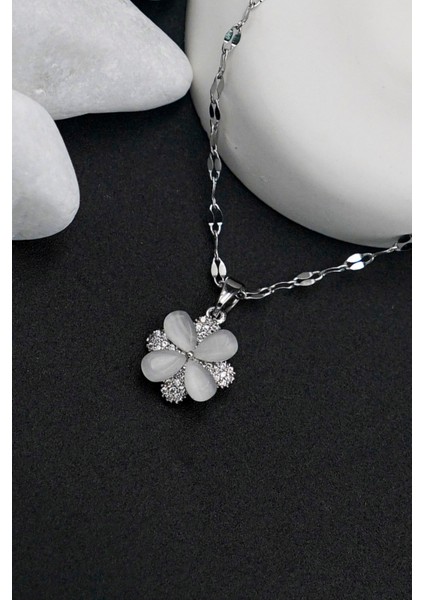Çiçek Figürlü Zirkon Taşlı Taş Gümüş Paslanmaz Çelik Kadın Kolye