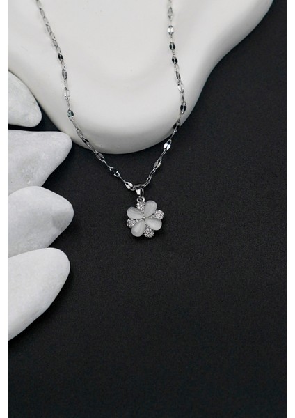Çiçek Figürlü Zirkon Taşlı Taş Gümüş Paslanmaz Çelik Kadın Kolye modelleri