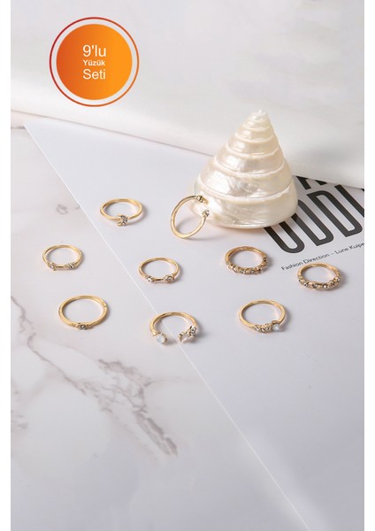 9'lu Kombin Eklem Gold Taşlı Yüzük Set modelleri