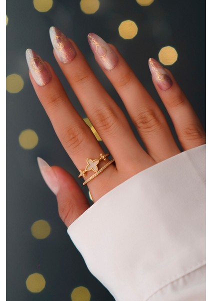 Zirkon Taşlı Yonca Altın Kaplama Ayarlanabilir Vip Yüzük