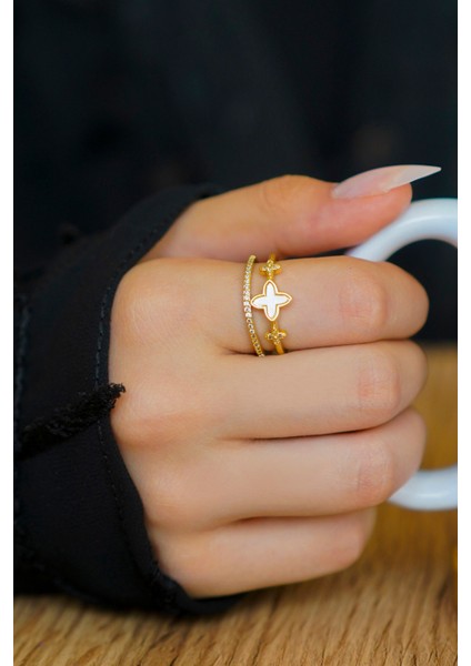 Zirkon Taşlı Yonca Altın Kaplama Ayarlanabilir Vip Yüzük fiyatları