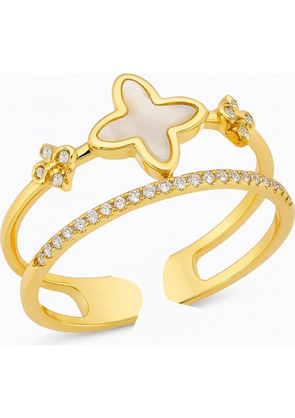 Zirkon Taşlı Yonca Altın Kaplama Ayarlanabilir Vip Yüzük modelleri