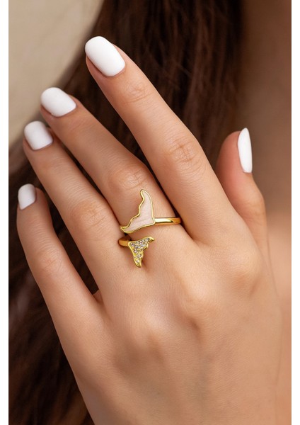 Zirkon Taşlı ve Detaylı Gold Balık Kuyruğu Altın Kaplama Ayarlanabilir Vip Yüzük