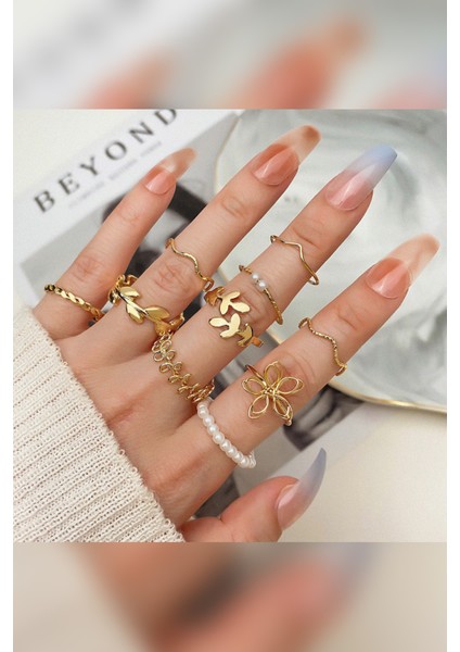 10'lu Kombin Eklem Gold Incili Yüzük Set fiyatları