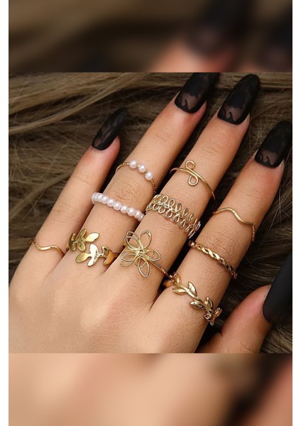 10'lu Kombin Eklem Gold Incili Yüzük Set modelleri