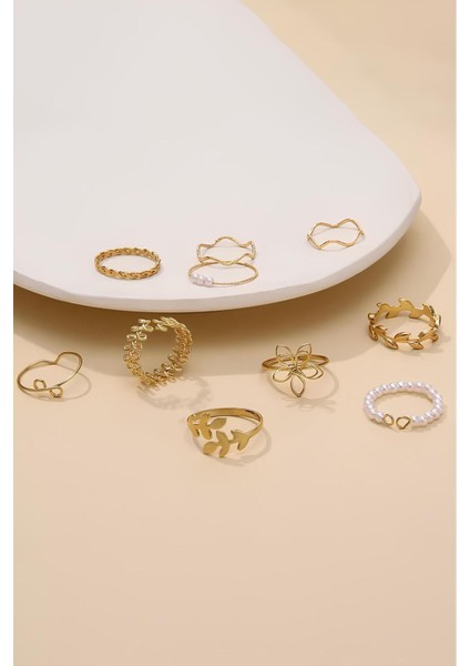 10'lu Kombin Eklem Gold Incili Yüzük Set indirimleri