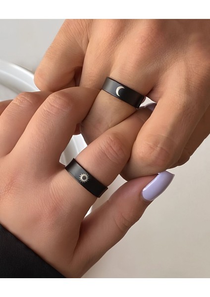 Ay ve Güneş Çift Alyans 2'li Set Siyah Ayarlanabilir Yüzük