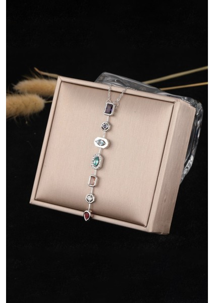 7 Renk Element Kristal Taşlı Y Şekilli Kolye Kararmaz Gümüş Kadın Kristal Taşlı Çelik Kolye