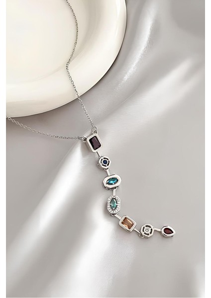 7 Renk Element Kristal Taşlı Y Şekilli Kolye Kararmaz Gümüş Kadın Kristal Taşlı Çelik Kolye modelleri