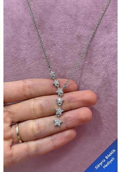 Kayan Yıldız Y Kolye Kararmaz Gümüş Kadın Zirkon Taşlı Çelik Kolye