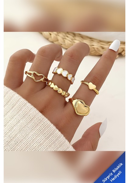 5'li Kalp Model Kombin Gold Yüzük Set