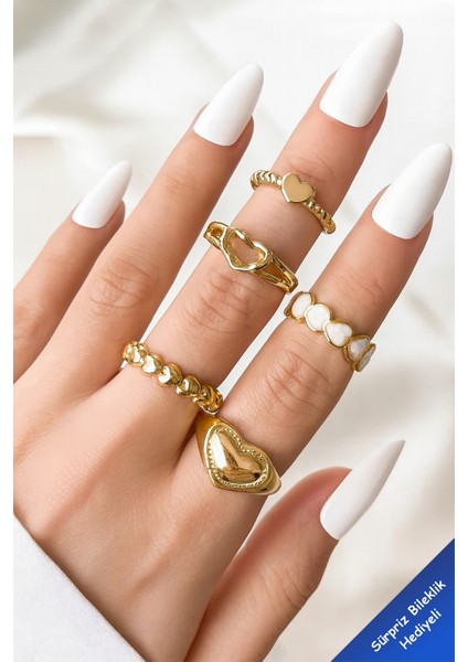 5'li Kalp Model Kombin Gold Yüzük Set modelleri