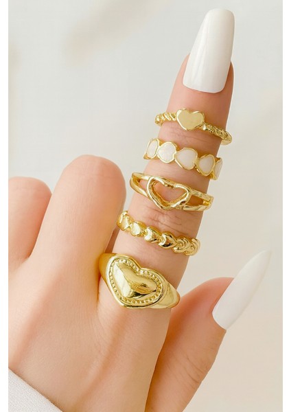 5'li Kalp Model Kombin Gold Yüzük Set fırsatları