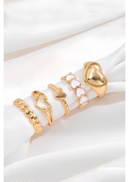 5'li Kalp Model Kombin Gold Yüzük Set indirimleri