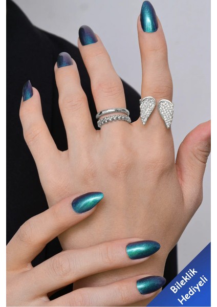 3'lü Gümüş Yüzük Zirkon Taşlı Melek Kanadı Sezar ve Alyans Model Gümüş Yüzük Set