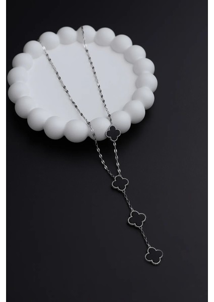 Y Kolye Kararmaz Gümüş Siyah Mineli Kadın Çelik Kolye