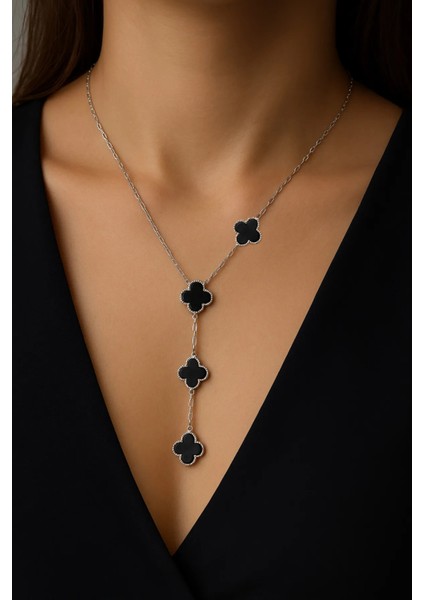 Y Kolye Kararmaz Gümüş Siyah Mineli Kadın Çelik Kolye fiyatları