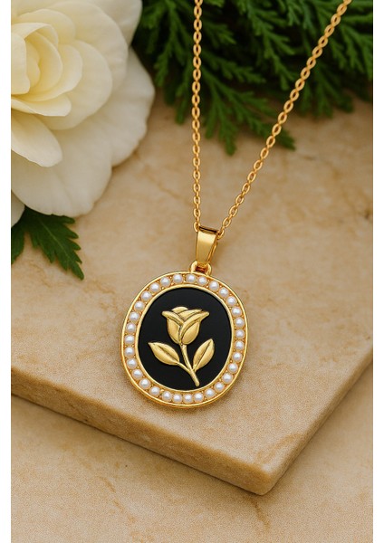 Pearl Rose Inci Detaylı Gül Siyah Mineli Kolye Kadın Kararmaz Gold Taşlı Çelik Kolye fiyatları