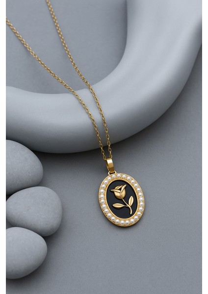 Pearl Rose Inci Detaylı Gül Siyah Mineli Kolye Kadın Kararmaz Gold Taşlı Çelik Kolye modelleri