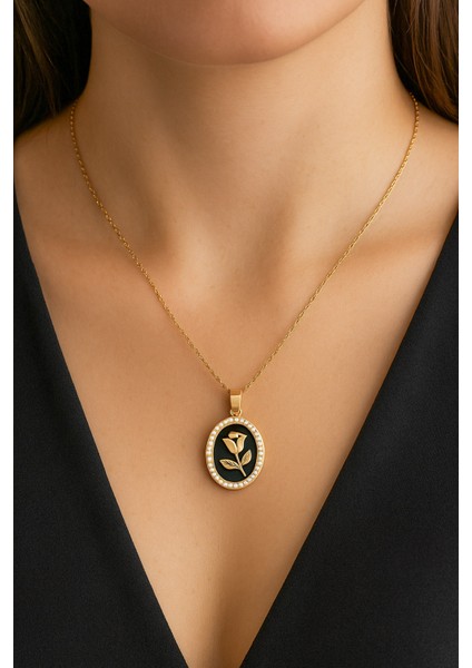 Pearl Rose Inci Detaylı Gül Siyah Mineli Kolye Kadın Kararmaz Gold Taşlı Çelik Kolye fırsatları