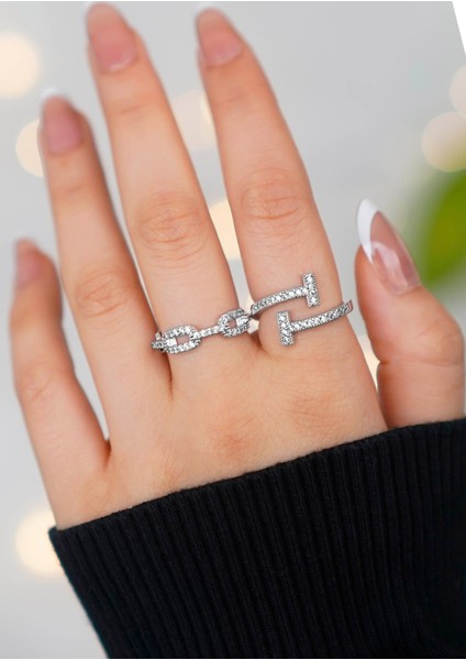 2'li Zirkon Taşlı Zincir ve T Model Gümüş Ayarlanabilir Kadın Yüzük Set (2 Yüzük)