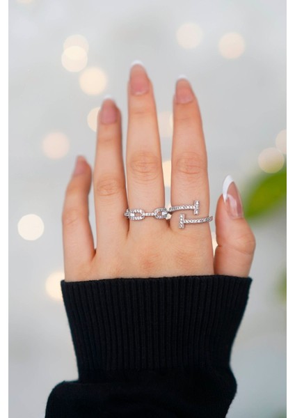 2'li Zirkon Taşlı Zincir ve T Model Gümüş Ayarlanabilir Kadın Yüzük Set (2 Yüzük) fiyatları